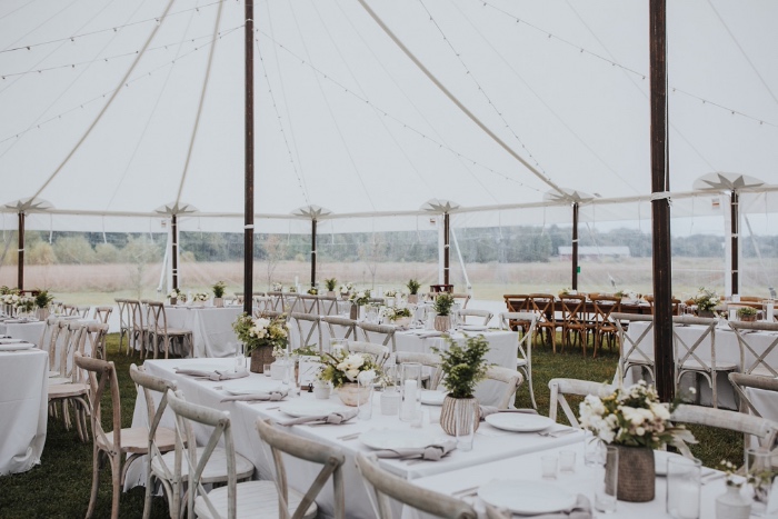 white wedding decor with greenery - classic outdoor wedding tent design