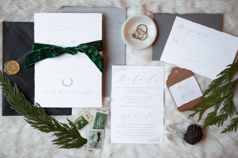 Emerald destination wedding invitation suite in Upstate New York