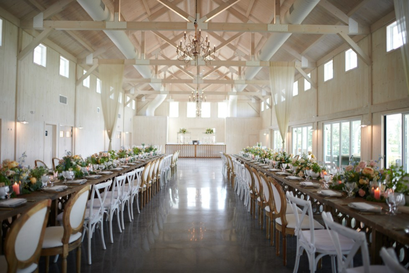 Indoor barn wedding reception for large guest lists
