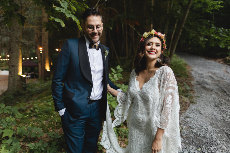 bride and groom laughing on wedding day