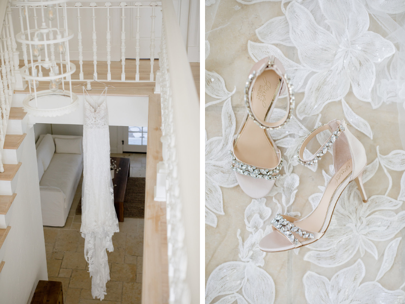 wedding dress and bridal shoes at Lundy Farm
