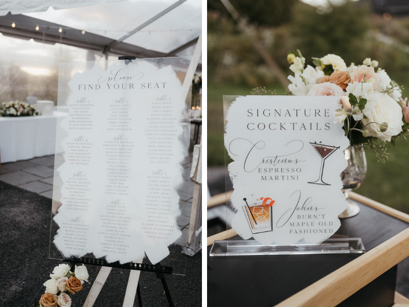 signature cocktail sign and acrylic seating chart