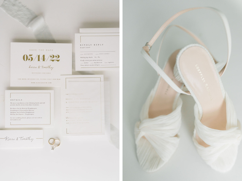 white wedding invitation suite and luxury white bridal shoes