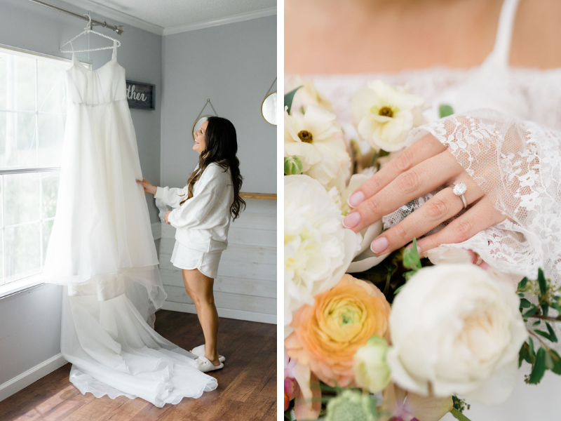 left: bride poses with wedding dress, right: bride poses with wedding ring and bouquet