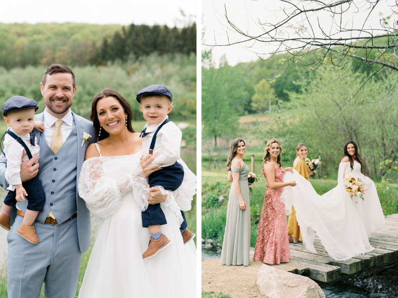 outdoor wedding photos with bride and groom, families, and wedding party