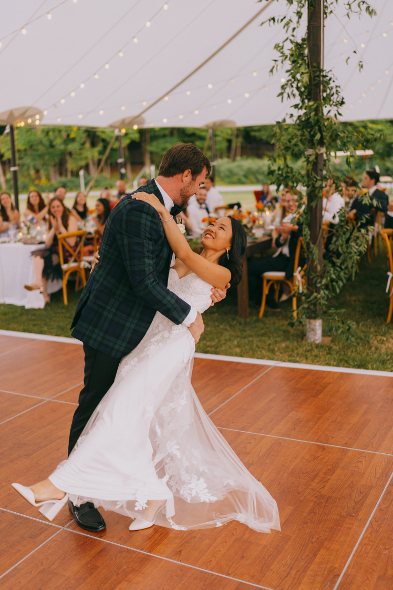 outdoor wedding reception at Timber Lake camp