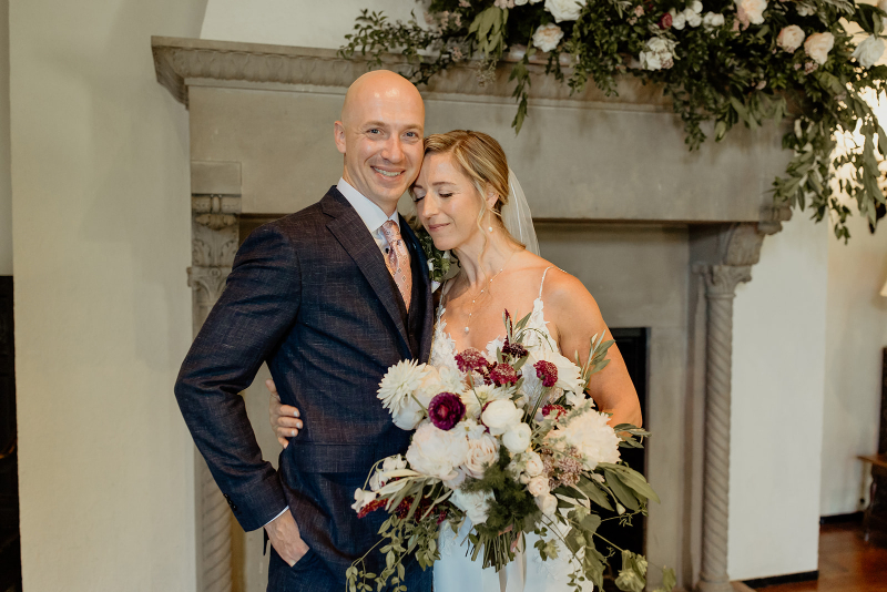 wedding portraits by the fireplace
