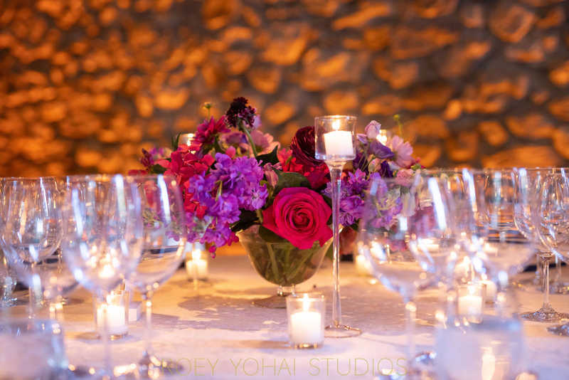 pink centerpieces for wedding at Blue Hill Farms wedding