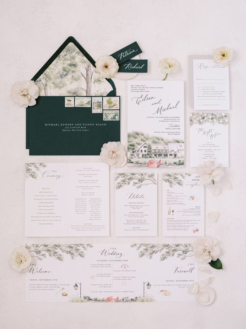 greenery and white wedding invitations