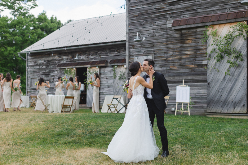 bride and groom outside of barn wedding in the Hudson Valley