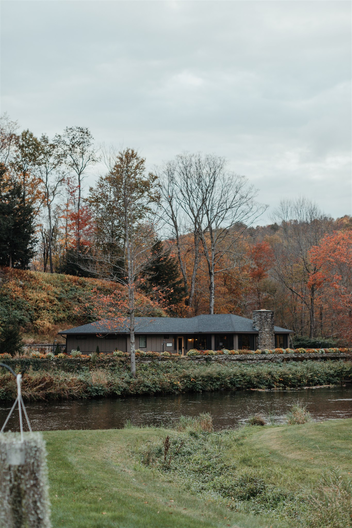 Scenic view of Antrim Streamside's grounds with vibrant fall colors