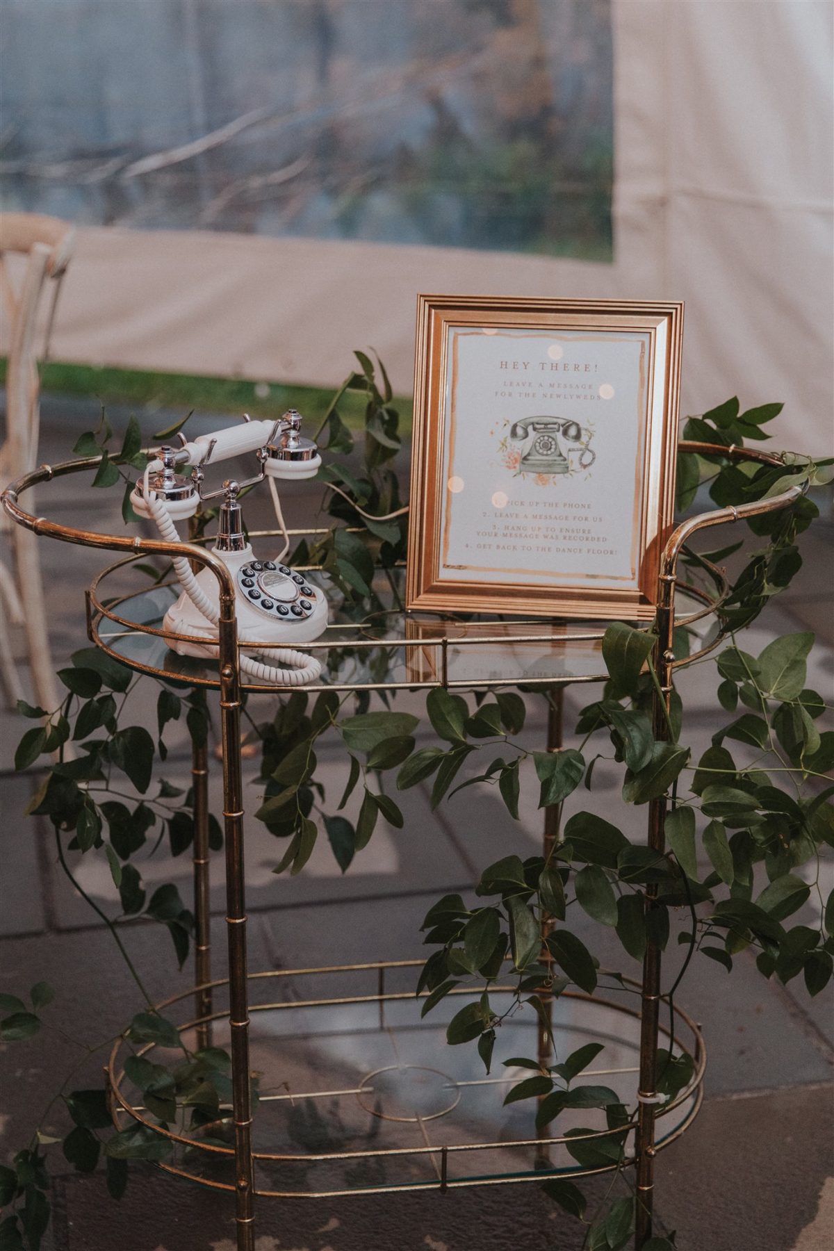 Vintage telephone message station where guests left heartfelt voice messages for the couple.
