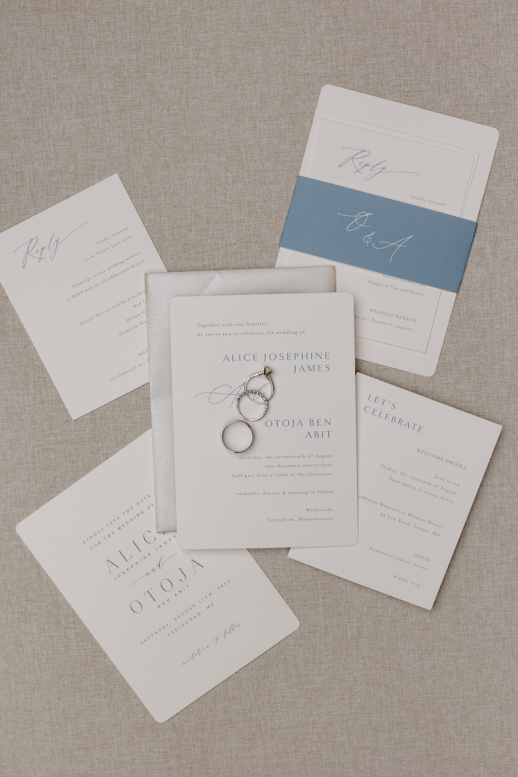 flatlay of wedding invitations for summer wedding at winbrooke