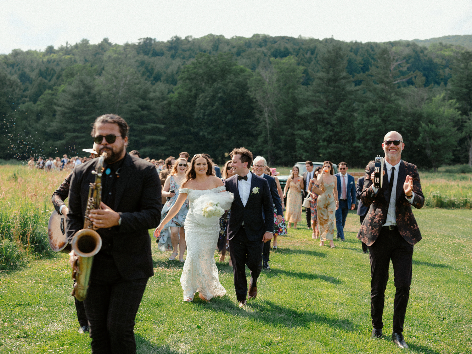 barn wedding ceremony recessional with live saxophone player
