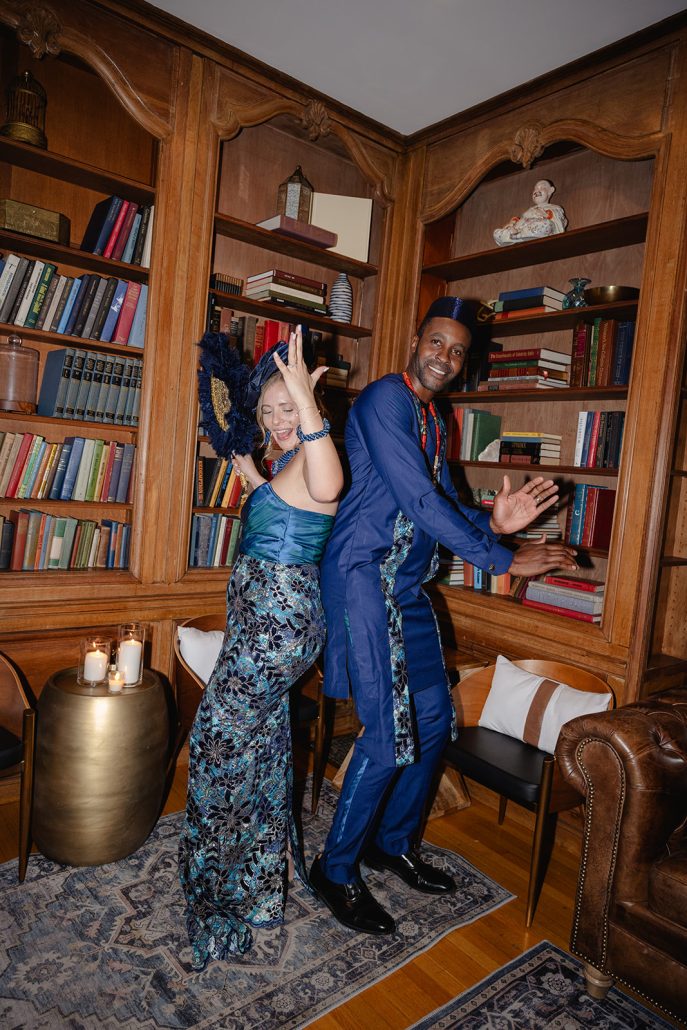 bride and groom having fun at their reception