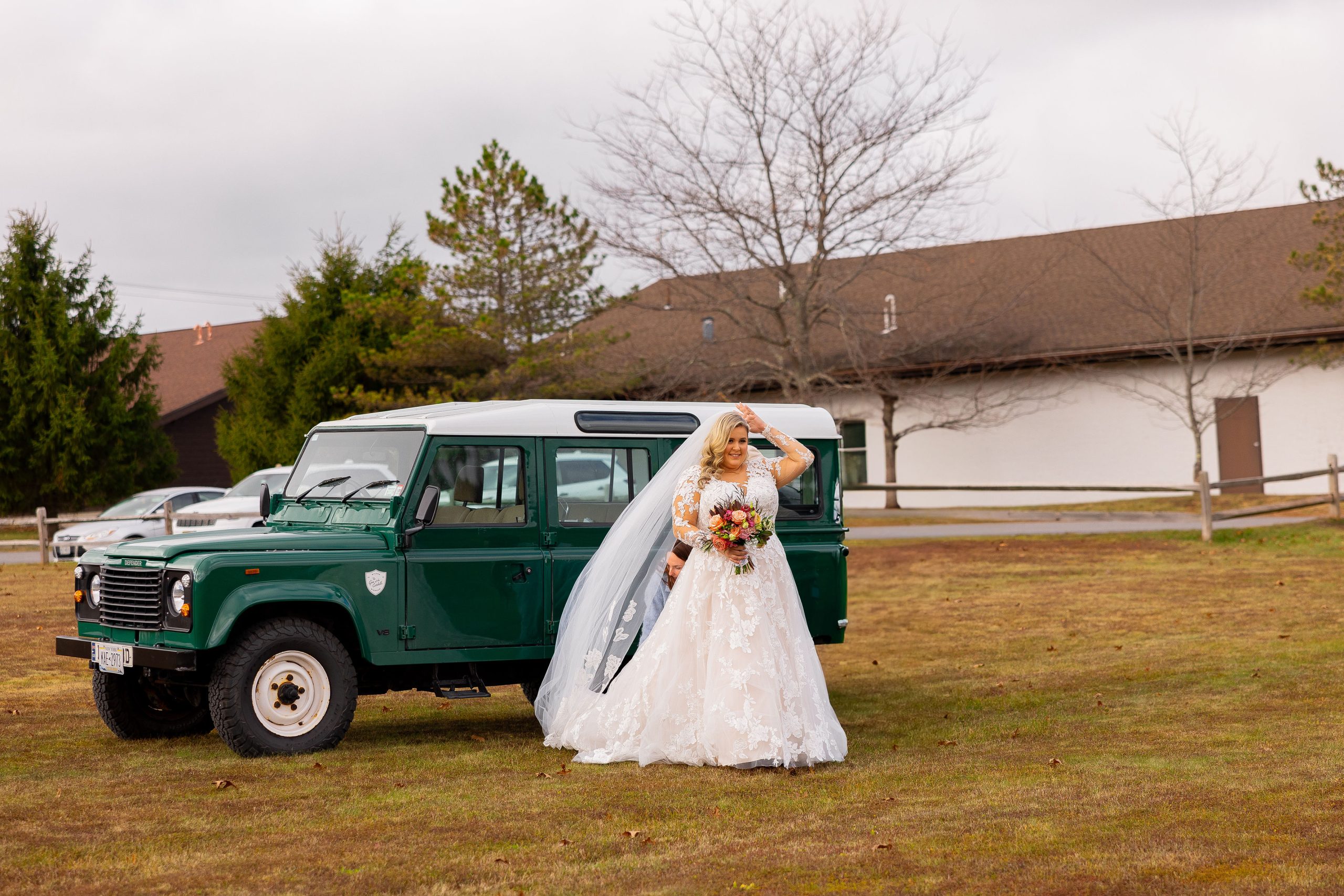 arriving at the first look with her groom