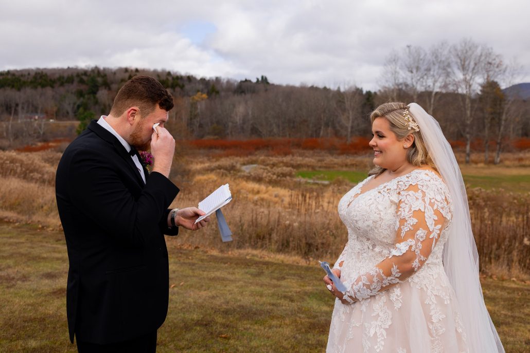 a tearful exchange of vows at rustic outdoor wedding