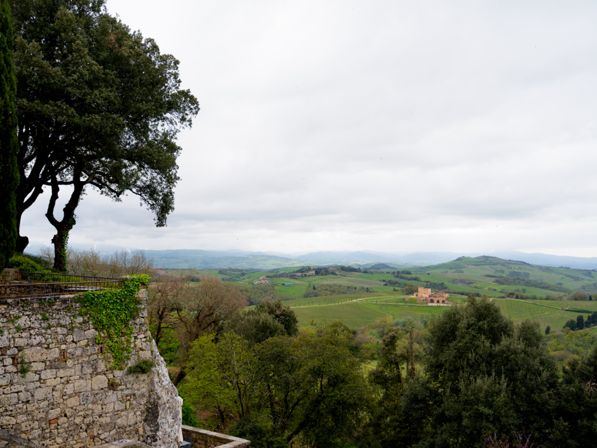 Panoramic view of rolling hills and vineyards in Tuscany with a rustic stone villa, a serene setting for Italian wedding venues.