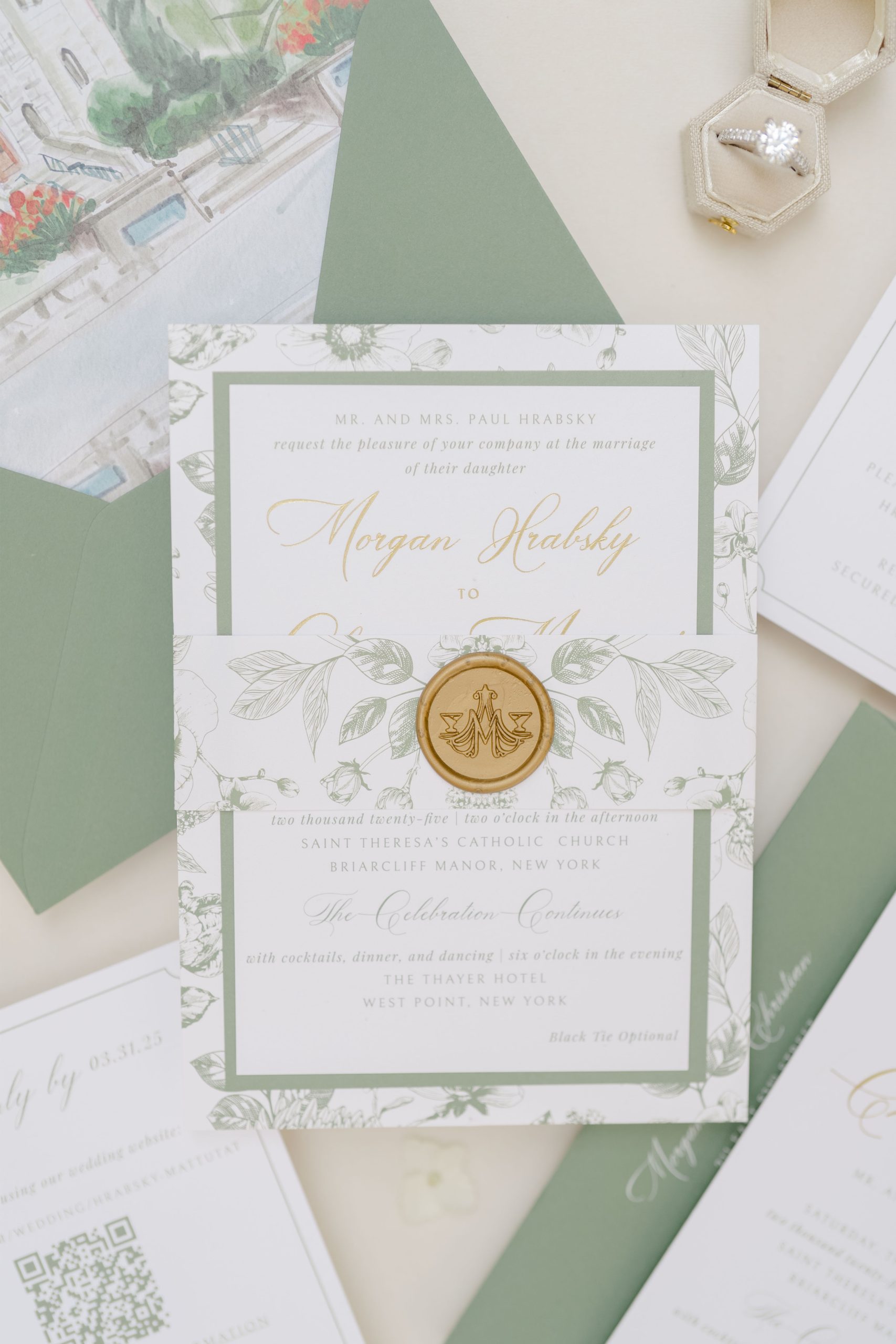 Mailing wedding invitations designed with sage green envelopes, floral patterns, and a gold wax seal for timeless elegance.