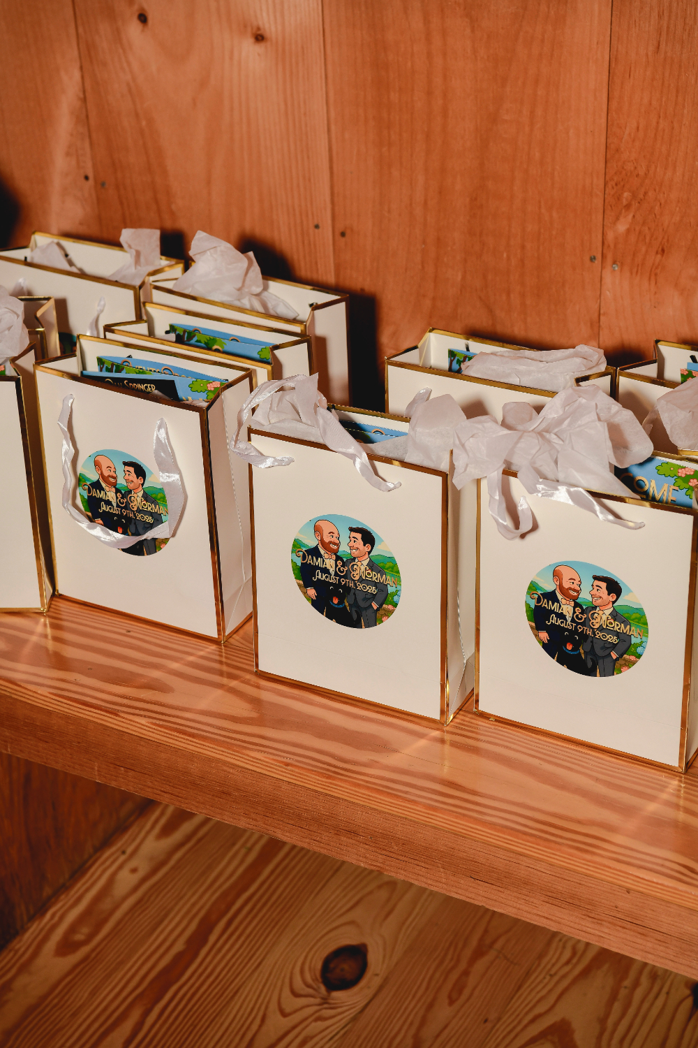 Personalized 80s-themed favors laid out for guests at the Buttermilk Falls Inn wedding after party.