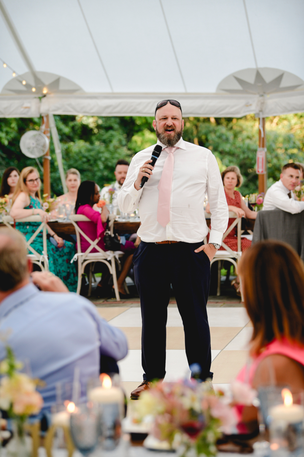 Emotional wedding speech given under the tent at the Buttermilk Falls Inn wedding.