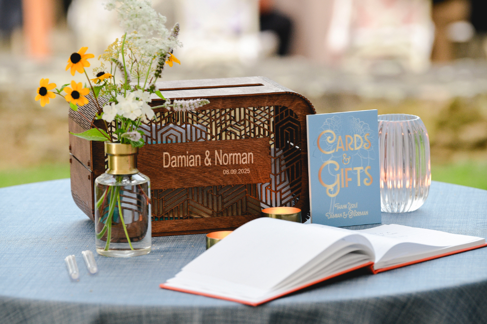 card table and message book for the grooms wedding day