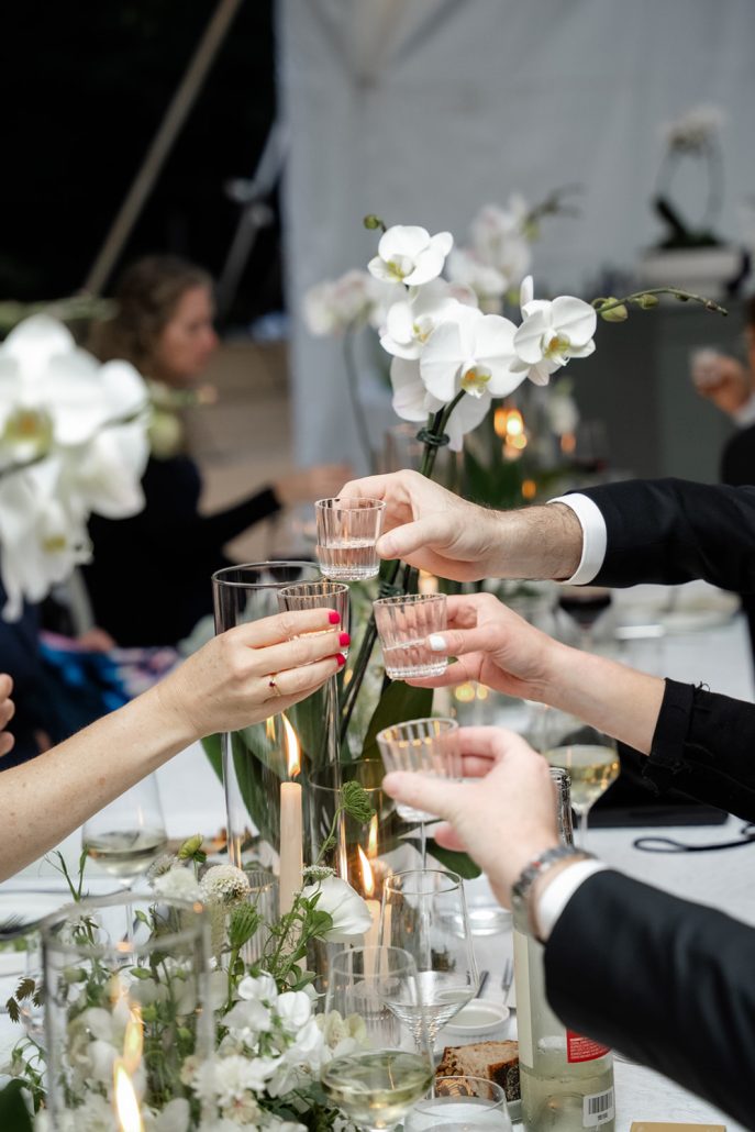 Guests cheering and clinking glasses during the reception