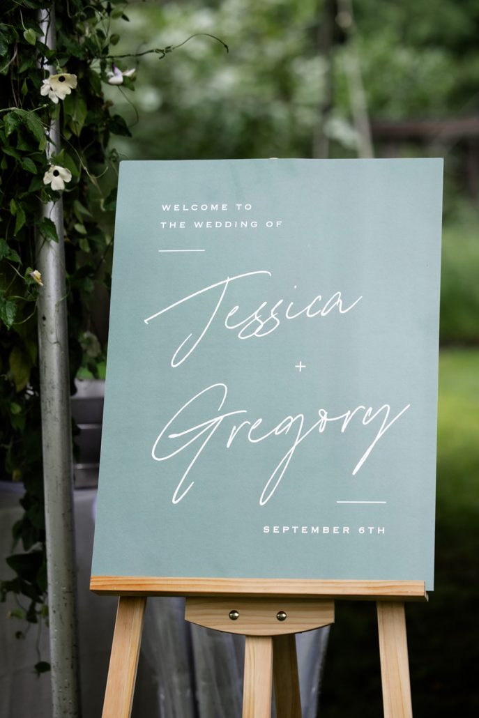 Personalized welcome sign greeting guests at the ceremony